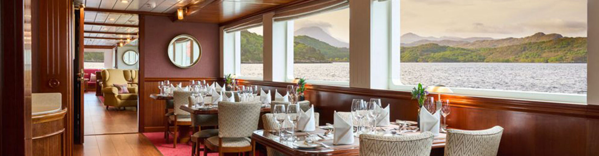 The dining room with stunning views on the Lord of the Highlands cruise ship